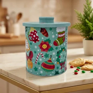 Custom Christmas-Printed Round Food-Grade Tinplate Container for Candy and Cookies