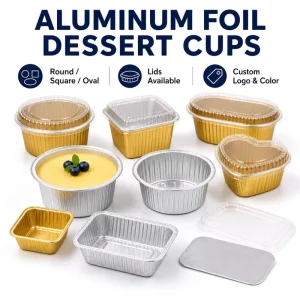 Custom Disposable PET Aluminum Foil Food Grade Pudding Cups with Plastic Lids Round Square Baking Dessert Containers
