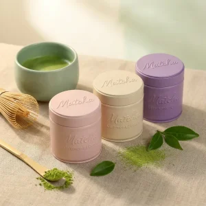 Custom Embossed 30g Pink and Purple Matcha Tin, Airtight Food-Safe Tinplate Packaging