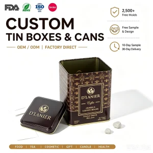 Custom Embossed Metal Tin Packaging Box for Candy, Chocolate, or Coffee Beans