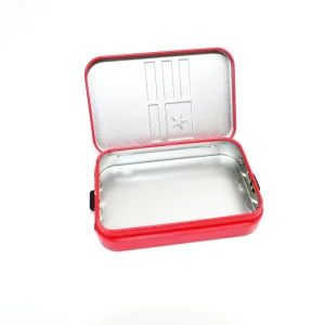 Custom Embossed Red Child Resistant Slide Lock Hinged Rectangular Metal Tin Box for Edible Candy Packaging