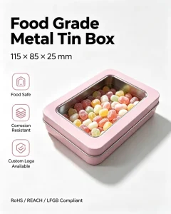 Custom Food Grade Eco Friendly Recyclable Rectangular Window Metal Tin Boxes for Candy Chocolate Cookies OEM MS Brand