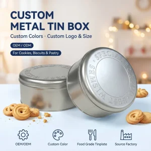 Custom Food-Grade Round Tinplate Metal Tin Box with Lid for Christmas Cookies, Chocolate, Tiramisu, and Candy