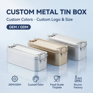 Custom Food Grade Tinplate Metal Rectangular Tin Box with Buckle Seal for Tea and Candy Packaging