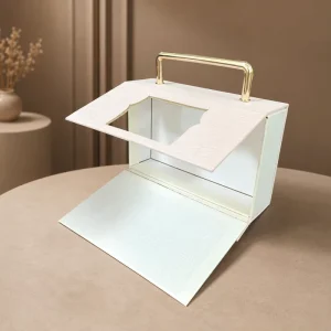 Custom Gift Packaging Box with Metal Handle Decorative Window and Textured Paper for Retail Supply