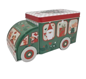 Custom Green Red Christmas Car-Shaped Tinplate Tin Xmas Cookie Candy Ornament Storage Tin for Holiday Party Gift Pack