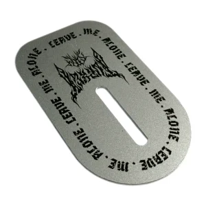 Custom Irregular Shaped Sandblasting Anodizing Silver Aluminum Metal Printing Hollowed Out Label with Adhesive