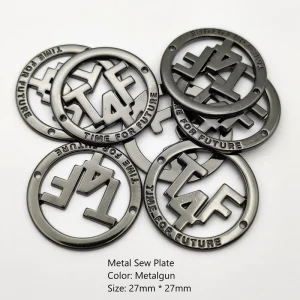 Custom Logo 3D Fancy Glossy Matalgun 2 Hole Metal Hollow Out Letter Circular Round Sewing Zinc Alloy Logo Plate
