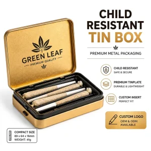 Custom Logo Certified Child-Resistant Metal Tin Box with Custom Inserts for Herbs, Mints, and Carts