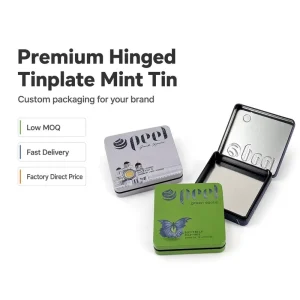 Custom Logo Eco Friendly Recycled Materials Small Rectangular Tinplate Tin Box with Hinged Lid for Candy Mint