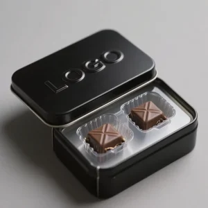 Custom Logo Embossed Black Recyclable Square Tin Box for Chocolate with Plastic Insert