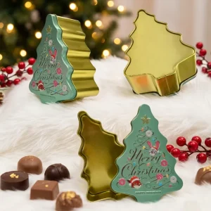 Custom Logo Food-Grade PP Christmas Tree-Shaped Metal Tin Box for Candy Chocolate Candle Holiday Gift Packaging
