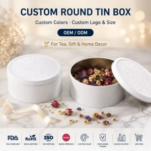 Custom Logo Round Metal Tin Box Matte White Embossed Floral Tinplate Container for Tea Gift Home Decor