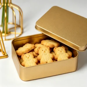 Custom Logo Small Rectangular Gold Metal Tin Box with Lid for Candy, Chocolate and Biscuits