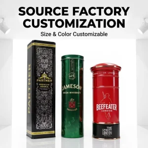 Custom Luxury Cylinder Whiskey Tin Can Full Print Metal Tin Box Spirits Bottle Packaging Tinplate OEM Factory