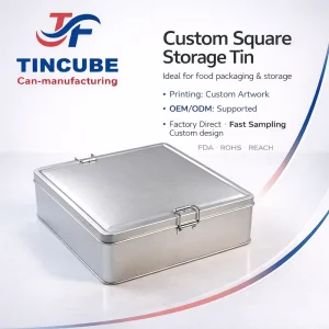 Custom Metal Square Tin Box with Secure Latch Lid Reusable Food Container for Candy Biscuit Tea Storage and Gift Packaging