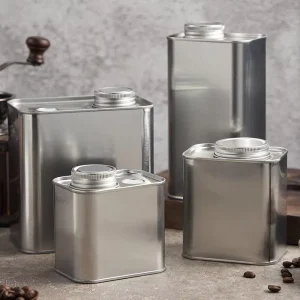 Custom Metal Tin Mint Packaging Silver Rectangle Gift Box Coffee Bean Can with sealed Lid and Exhaust Valve