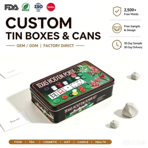 Custom Poker Playing Card Set Tinplate Metal Case with Removable Lid