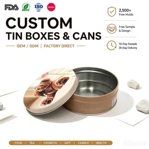 Custom Printed Food Grade Round Cookie Biscuit Tin Packaging Container Empty Metal Storage Box for Candy Chocolate Tea Gift