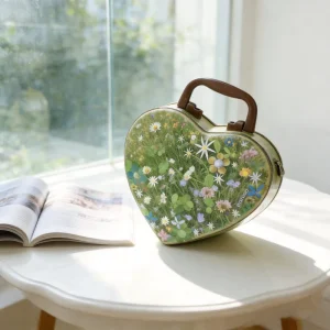 Custom Printed Metal Storage Case Heart Tin Box with Handle for Craft Supplies and Stationery