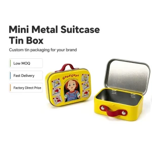Custom Printed Mini Metal Suitcase Tin Box with Leather Handle Vintage Pill Mint Storage Container OEM ODM