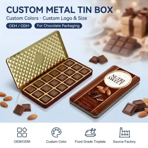 Custom Printed Rectangular Food Grade Tinplate Gift Box with Lid for Cookies, Candy, and Chocolate