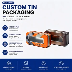 Custom Printed Rectangular Tin Box with PVC Window and Hinged Lid for Biscuits and Candy