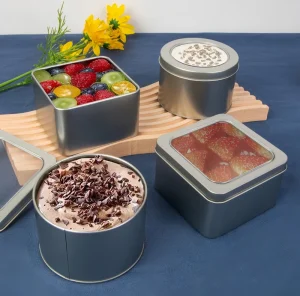 Custom Printed Recyclable Round Metal Tin Box with Clear PVC Window Food Grade Chocolate Gift Tin with Top Lid