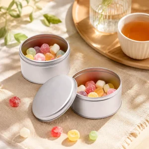 Custom Printed Round Tinplate Box 135x70mm with Glossy Finish and Lid for Cake, Biscuit, Cookie, Sugar and Chocolate Packaging