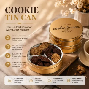 Custom Printed Round Tinplate Gift Tin Box with Lid Food Grade Chocolate Cookie Cake Stackable Packaging