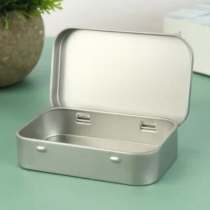 Custom Printed Silver Rectangular Hinged Tin Case with Lid Food Grade Metal Container