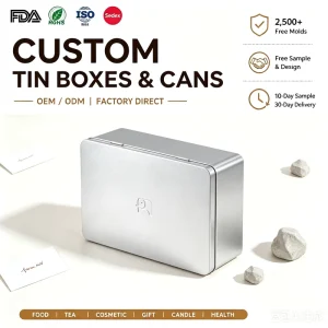Custom Printed Silver Rectangular Metal Tin Box with Hinged Lid for Food Gift and Storage