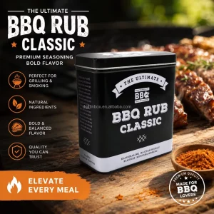 Custom Printed Square Tinplate Spice Tin Canister with Matte Finish, Food-Grade Packaging for BBQ Rub, Seasoning, Tea, and Coffee
