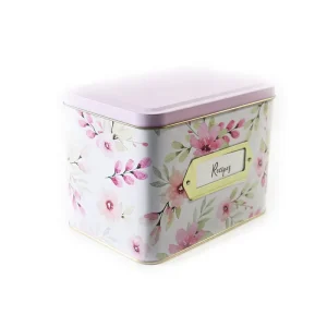 Custom Rectangle Tinplate Recipe Storage Box with Hinge, Offset Printing, and Lacquered Finish