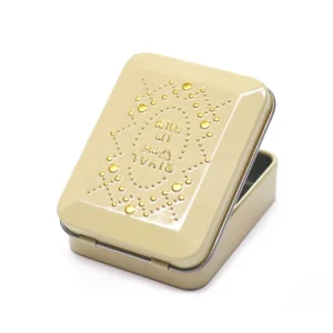 Custom Rectangular Mini Recyclable Food Grade Tinplate Box with Hinged Lid and Embossed Design for Snacks and Chocolate