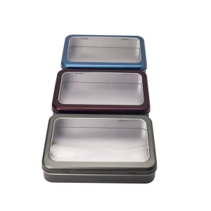 Custom Rectangular PVC Window Metal Tin Box with Hinged Lid for Cosmetics