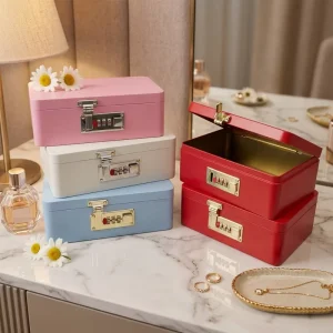 Custom Rectangular Tinplate Jewelry Box with Password Lock and Necklace Organizer