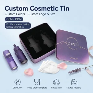 Custom Rectangular Tinplate Metal Box with Lid for Facial and Cosmetic Storage, Gift Packaging