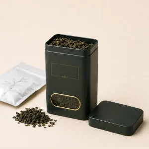 Custom Recyclable Food Grade Loose Leaf Tea Tin Canister with Window Rectangular Packaging Box for Private Label Brands