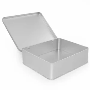 Custom Silver Hinged Tin Can Cosmetic Container, Rectangular Plain Metal Packaging Box