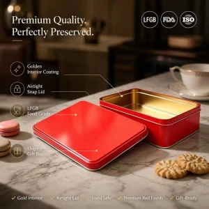 Custom Square Red Tinplate Box for Bread and Dry Food Storage, LFGB FDA Certified, Eco-Friendly Gift Packaging Supply