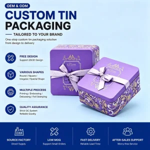 Custom Square Tinplate Gift Box with Ribbon Decoration for Candy Chocolate and Cookies