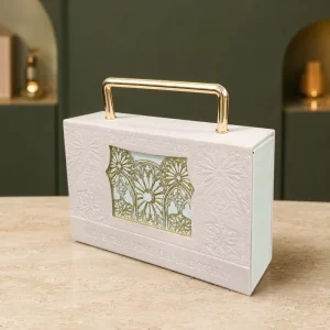 Custom Textured Paper Gift Box with Gold Metal Handle and Decorative Window for Retail Packaging Supplier