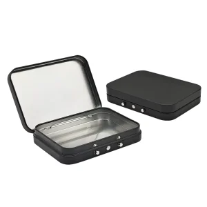 Custom Tin Boxes with Child Safety Lock Rectangle Hinged Lid Child Resistant Metal Storage Cans for Pill Candy Herb Victicm