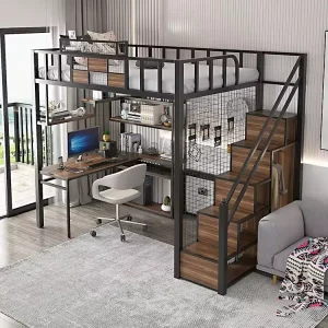 Customizable Dormitory Metal Bed Frame with High Bunk Desk and Bookshelf Custom Bedroom Furniture for Attic or Loft Use
