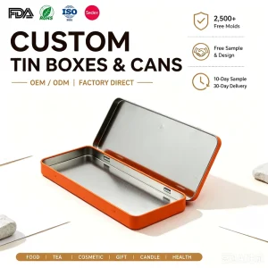 Customizable Empty Food-Grade Rectangular Metal Tin Box with Hinge Lid for Pencils and Chocolate Packaging