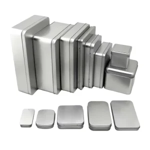 Customizable Rectangular Hinged Metal Packaging Box Matte Black, White, or Silver Tin Container
