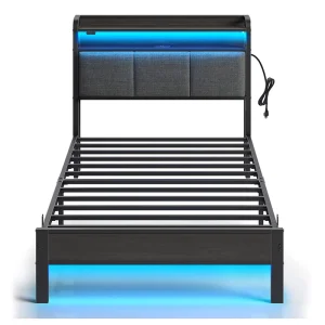 Customized Heavy Duty Modern Metal Slats Twin Bed Frame with Charging Station and LED Lights for School Apartment Use