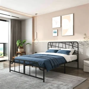 Customized Metal Bed Frame Queen Size Iron Bedsteam Geometric Headboard Platform Bed Base for Apartment Hostel Airbnb