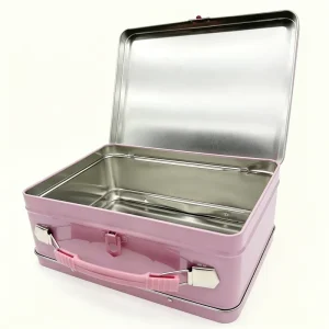 Customized Printed Logo Rectangular Vintage Metal Tin Gift Suitcase Box with Handle and Lock